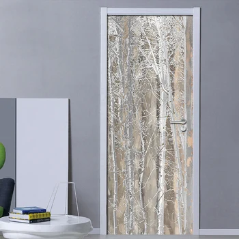3D Врати стенопис Тапети Однотонная текстура на дърво на Открито в скандинавски стил стикер на вратата на спалнята Начало декор Плакат Фотообои PVC