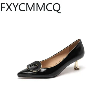 FXYCMMCQ / Летни Нови Тънки Кожени обувки на висок ток 5,5 см, Женски-Фини обувки с остри пръсти, Големи размери 32-47, Обикновен, За банкет, Кариера, HG106