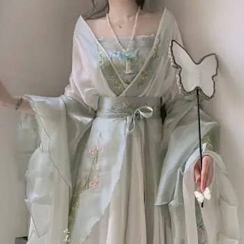 Hanfu Женски китайското традиционната рокля за сценични танци с бродерия, женски костюм фея за cosplay, лятно зелено с бяла рокля Hanfu, подарък