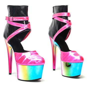 Leecabe 17 см/7 инча, блестящ розов цвят, черни сандали на платформа и висок ток, обувки за танци на един стълб