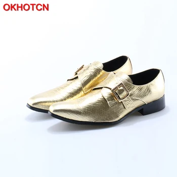 OKHOTCN, Италия, Модерен Дизайн, Мъжки Обувки От естествена Кожа с Остри пръсти и Златна Тока, Мъжки Модел Обувки На Плоска Подметка, Вечерни Сватбени Мъжки Лоферы