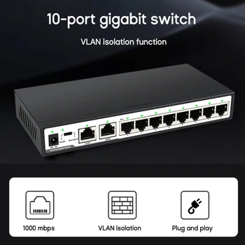 Switch PoE 10 портове Gigabit-8 + 2 Ethernet Интернет-сплитер 100/1000 М Vlan