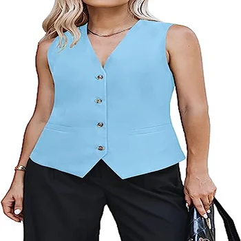 Women ' s Vest V-neck Sleeveless Blue Vest Casual Commuter Top with a Губим Waist Fit 2023 жилетка костюмный женски