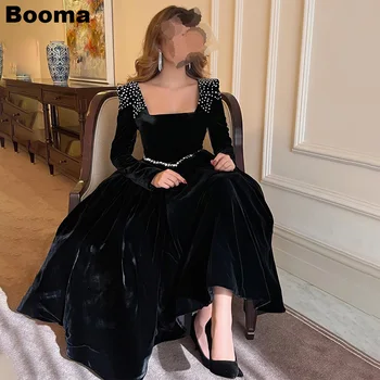 Вечерни рокли Booma от черно кадифе трапецовидна форма, с квадратна яка и дълги ръкави, бродирани с мъниста вечерни рокли с дължина до щиколоток, прости вечерни рокли 2023