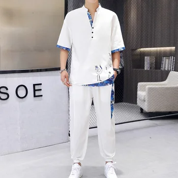 Висококачествени мъжки комплекти свободно cut Sinicism National Customs, мъжки комплекти с китайското винтажным принтом в стил мозайка, мъжка тениска с V-образно деколте, подходящи панталони