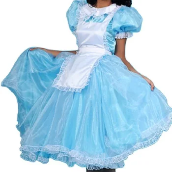 Гореща разпродажба, дълъг Сиси от органза, синьо независим престилка, куклен яка, хубава дълга рокля, костюм мома, индивидуален очарователен костюм за Хелоуин
