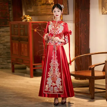 Дамски сатен облекло за наздравици, китайски стил, пайети, beading, четката, бродерия, Сватбена рокля