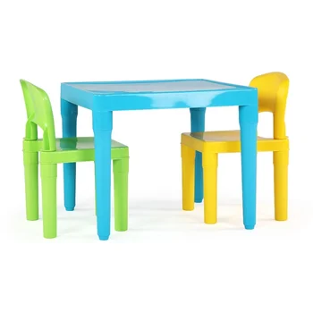 Детски лека пластмасова маса и 2 стола, квадратен, зелен и жълт