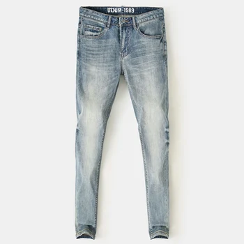 Европейски модни реколта мъжки дънки с високо качество в ретро стил, сини ластични панталони обикновена выстиранные дънки, мъжки маркови дънкови панталони Hombre