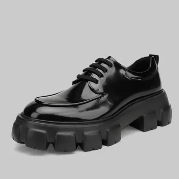 Ежедневни Спортни Мъжки обувки от Лачена кожа с Черен цвят На дебела Подметка Дантела, Бизнес Кожени Обувки, Мъжка Официална дреха, Кариера