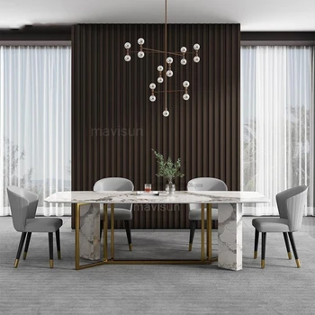 Италианска луксозна мраморна повърхност, метална основа, маса за хранене, правоъгълна модерна кухня, мрамор център, маса за хранене, комбинация столове