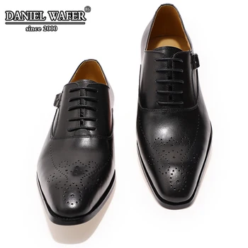 Италиански обувки, Мъжки кожени бизнес офис обувки в черен цвят с каишка и катарама, oxfords с остри пръсти, дантела, модерно рокля