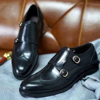 Класически мъжки модел обувки от естествена кожа с брогами, двоен обтегач, монашески каишка, метален обтегач, Бизнес офис сватбена официалната обувки