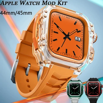 Комплект Модификации за Apple Watch Band 44 мм 45 мм Луксозен Прозрачен Калъф Спортен Каишка от Каучук за Iwatch Series 8 7 6 SE 5 4 Mod