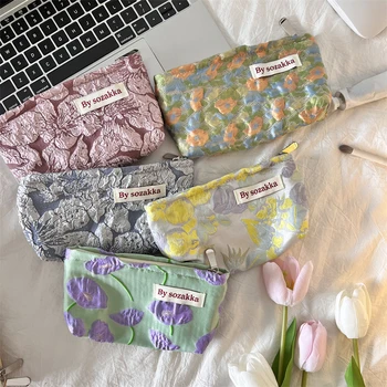 Корейски студентски молив случай за моливи, пътна чанта за четки за грим, женски цветя, модерна козметична чанта за губных червила, чанти-организаторите за пазаруване