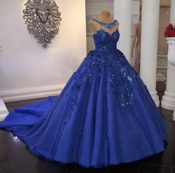 Кралско синьо сватбена рокля Саудитска Арабия, расшитое мъниста, големи размери, пищни рокля с 3D цветя, сватбена рокля по поръчка, Vestidos