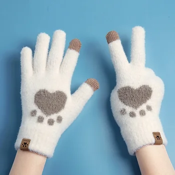 Красиви дамски ръкавици със сензорен екран под формата на котешки лапи, топли зимни ръкавици за спорт на открито, колоездене, туризъм, флип-надолу покриване на целия пръст, мек пухкав ръкавица-варежка