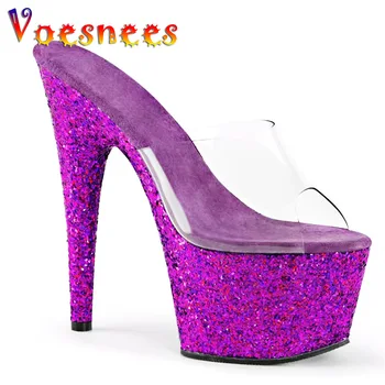 Летни клубни сандали за сцена, лилаво нескользящие чехли на платформа с пайети, женски прозрачни обувки на висок ток 15 см, модельная обувки за ходене