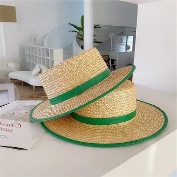 Модни зелена шапка от изкуствена кожа с кант от естествена слама, солнцезащитная шапка за почивка, плажна шапка за млади мъже и млади жени