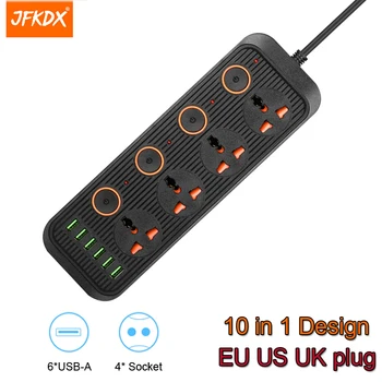 Мрежов Филтър JFKDX EU US UK Plug Power Strip С 4 Розетки на променлив ток 6 Порта USB за Бързо Зарядно Устройство удължителен кабел 2 м Адаптер за Контакти