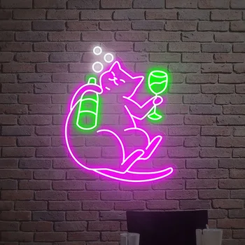 Неонова реклама с изображение на котка от картун аниме, пие вино, сладки животни, обичай led светлини за спалня, домашно стена художествен декор, настолна лампа