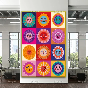 Преливащи се цветове от цветни плакати с изображение на слънце, Изгрев Слънце - Ретро цветни положителен принт на стената на детската стая - Подарък на платното за домашен декор