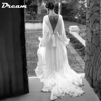 Сватбена рокля Bobo с V-образно деколте и дълги буйни ръкави DREAM 2023, Трапециевидное рокля с висока облегалка и влак, просто шифоновое сватбена рокля