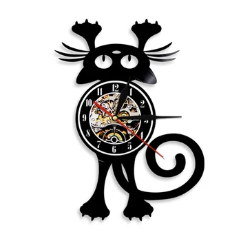 Стенен часовник с котка за собствениците на домашни любимци, смешно коте, стенно изкуство, черна котка, стенни часовници с винил вътрешната плоскост, начало декор, винил часовници с рекорд