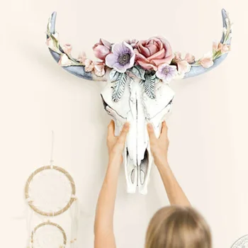 Сукуленти от смола, череп на крава, монтиран на стената висулка, цветя, роза, бяла глава на бик, окачване от смола, декорации за дома и градината в Европейския и американския стил