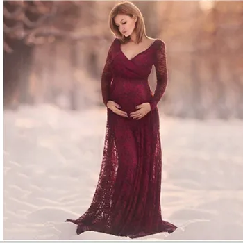 Червено вино, V-образно деколте, дълъг ръкав, реквизит за снимки на бременни, Макси дрехи за бременни, бельо рокля за бременни, необичайна фотосесия снимка на бременната
