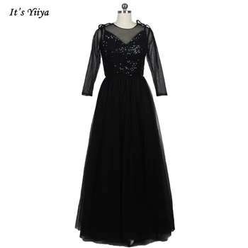 вечерни рокли it ' s YiiYa, Нови Черни Вечерни рокли, с кръгло деколте и дълги ръкави, Трапецовидна форма, с Дължина до пода, по-Големи размери, Секси Вечерна рокля E453